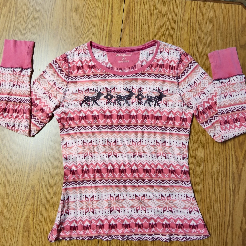 EDDIE BAUER Shirt Raindeer And Snowflakes Long Sleeve Pullover Sz M